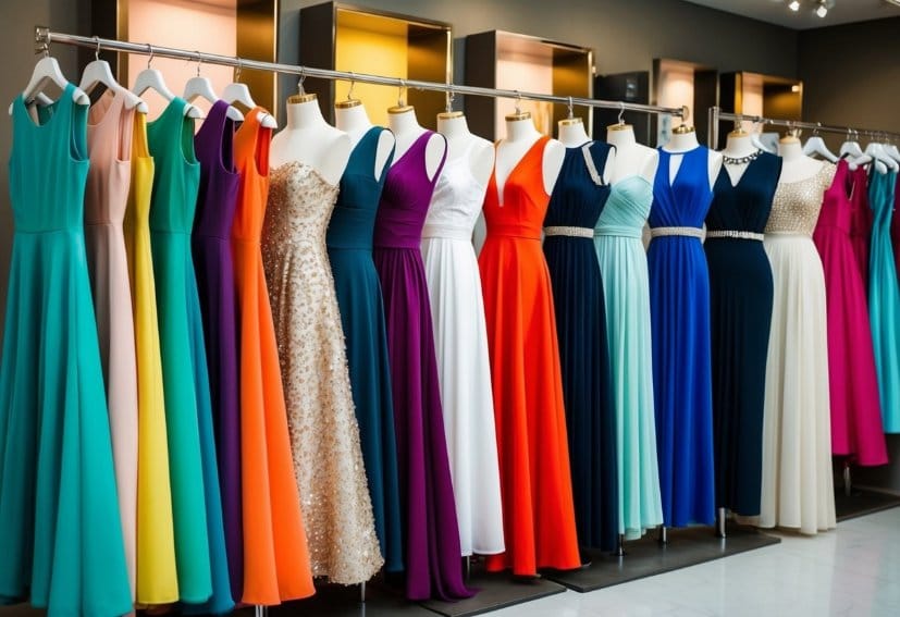 A colorful array of dresses for different occasions, from casual to formal, displayed on mannequins in a trendy boutique setting