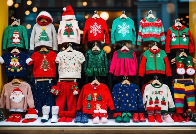 A colorful array of festive kids' clothing, including cozy sweaters, sparkly dresses, and playful holiday-themed accessories, displayed in a cheerful and inviting store window