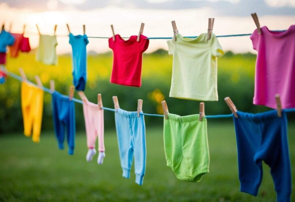 A colorful array of kids' clothes hanging on a clothesline, with tiny socks, shirts, and pants swaying in the breeze