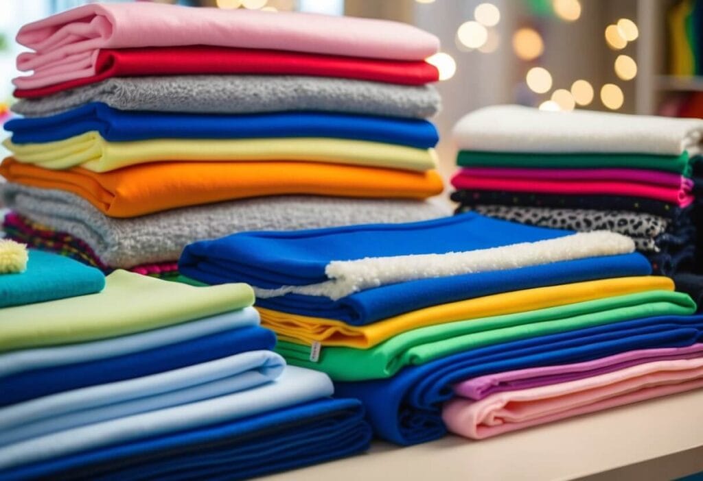 A colorful array of synthetic and blended fabrics, including fleece, nylon, and polyester, laid out on a table for children's wear