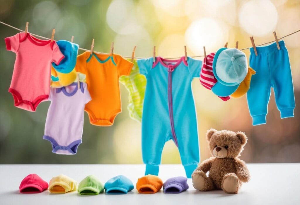 A colorful array of tiny onesies, pants, and hats scattered on a clothesline, with a soft, plush teddy bear sitting nearby