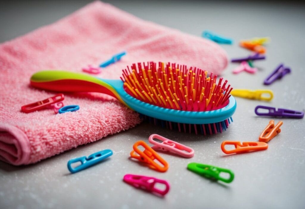 A colorful kids hair brush lying on a fluffy pink towel, surrounded by scattered hair ties and clips