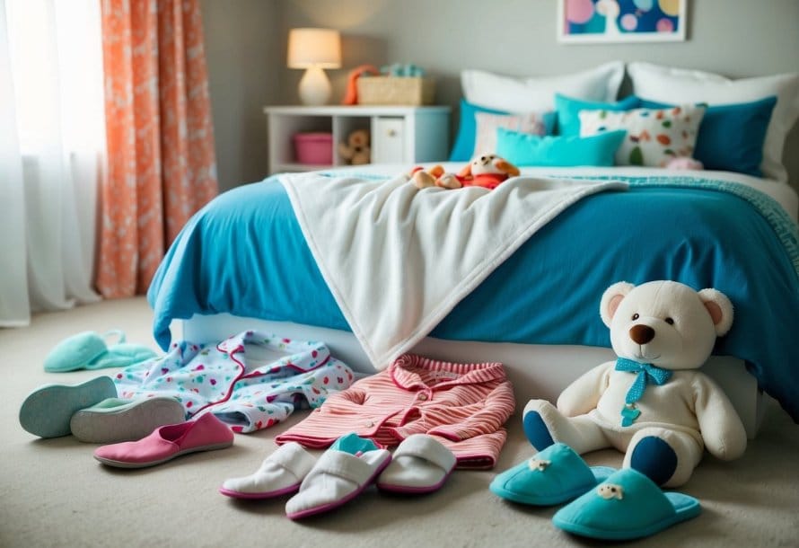 A cozy bedroom with scattered nightwear and loungewear for kids, including pajamas, robes, and slippers