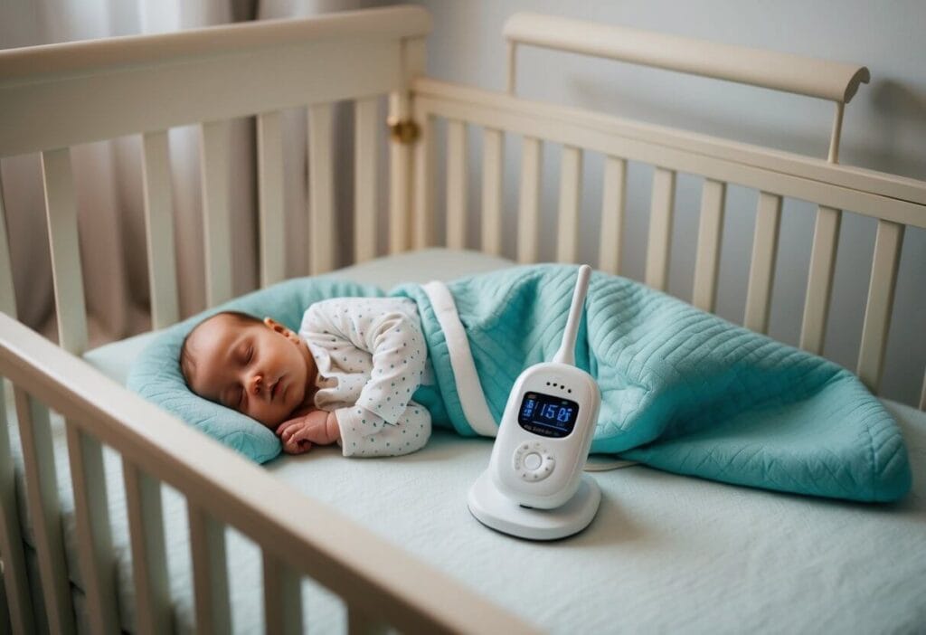 A cozy crib with soft bedding and a sleeping baby monitor for safety