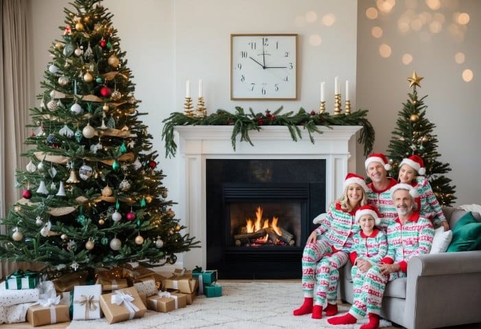 A cozy living room with a decorated Christmas tree, a crackling fireplace, and a pile of matching family Christmas pajamas