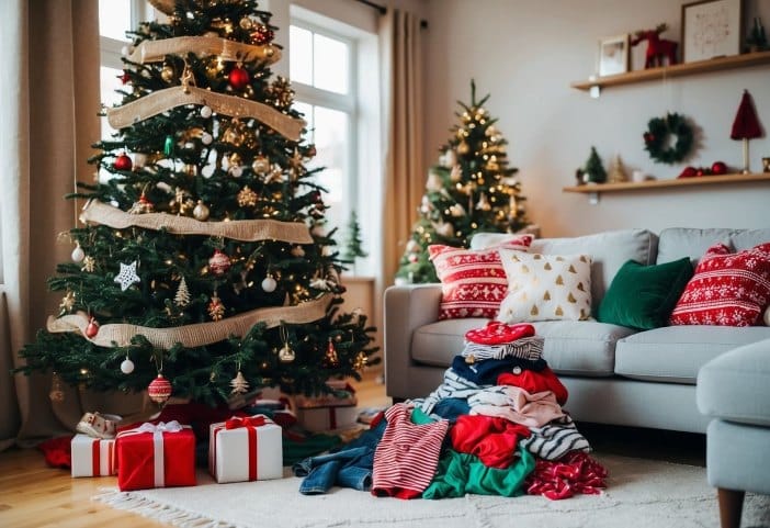 A cozy living room with a decorated Christmas tree and a pile of festive kids' clothes