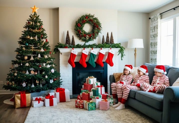 A cozy living room with a decorated Christmas tree, stockings hung by the fireplace, and a pile of matching family Christmas pajamas laid out on the couch