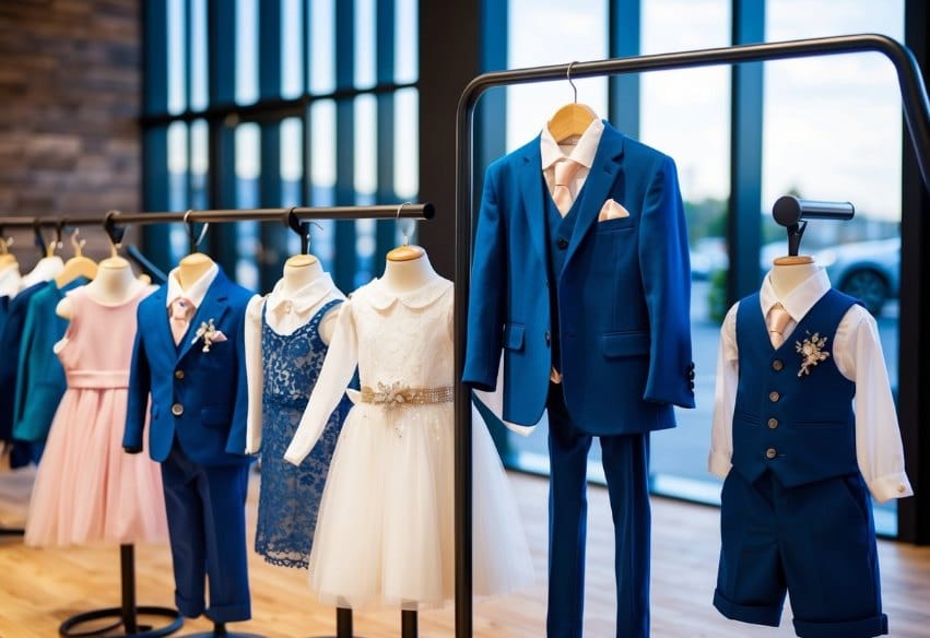 A display of stylish kids' special occasion outfits, including dresses, suits, and accessories, arranged on mannequins and hangers