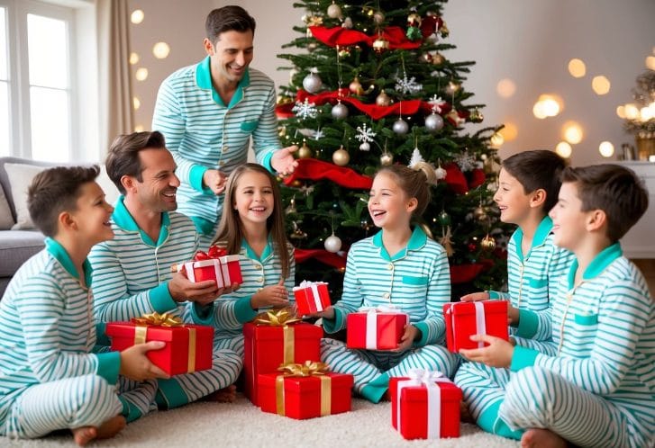 A family gathers around a Christmas tree, wearing matching pajamas. They exchange gifts and share laughter, creating a warm and joyful atmosphere