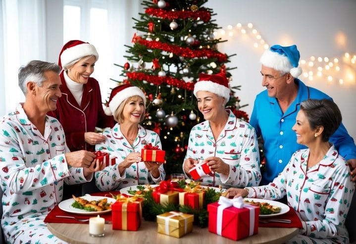 A family of four generations wearing matching pyjamas, gathered around a Christmas tree, exchanging gifts and enjoying a festive meal