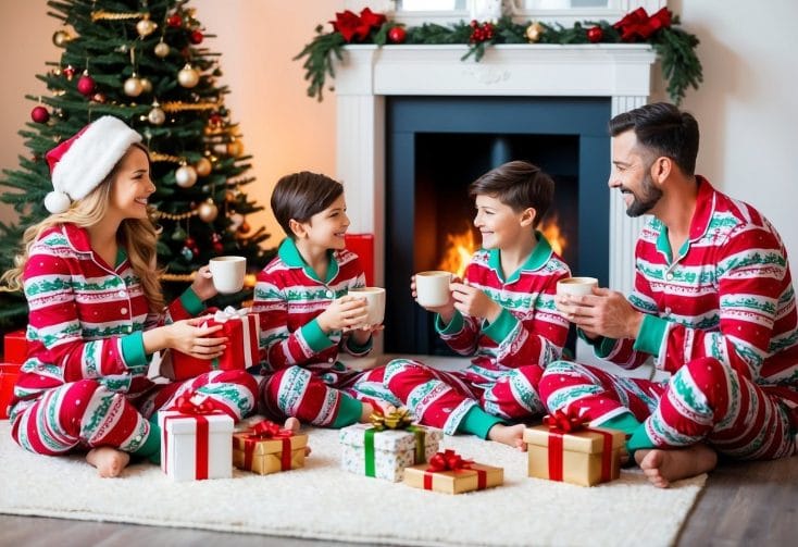 A family of four in matching Christmas pyjamas gather around a cozy fireplace, exchanging gifts and sipping hot cocoa