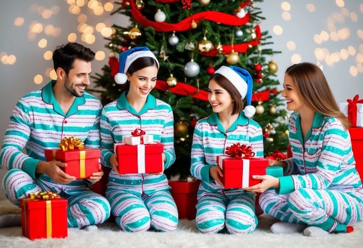 A family of four in matching pajamas open personalized gift boxes under a decorated Christmas tree