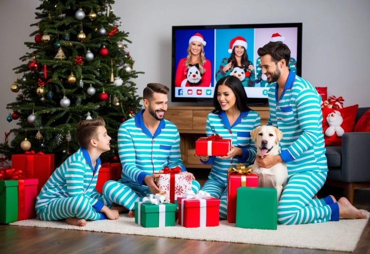 A family of four in matching pajamas open presents under a Christmas tree, while their pet dog looks on. The TV in the background shows social media influencers wearing similar pajamas