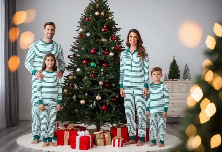 A family of four stands in front of a Christmas tree, each wearing matching pajamas in different sizes to fit their individual bodies