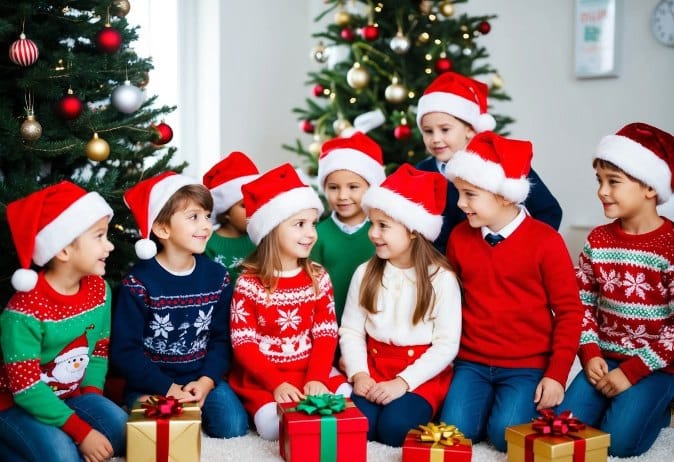 A group of children wearing festive Christmas clothing, including sweaters, dresses, and Santa hats, gather around a decorated tree with presents underneath