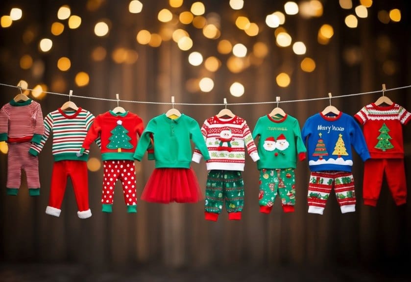 A group of festive kids' Christmas clothing displayed on a clothesline with various styles, patterns, and colors