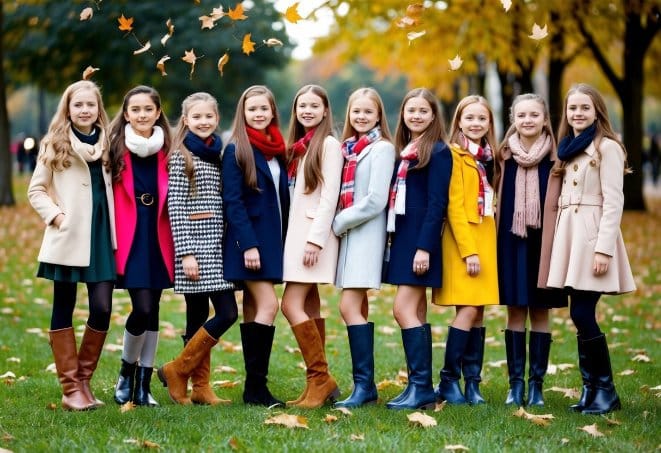 A group of girls in a variety of seasonal fashion outfits, including dresses, coats, scarves, and boots, posing in a park with falling leaves