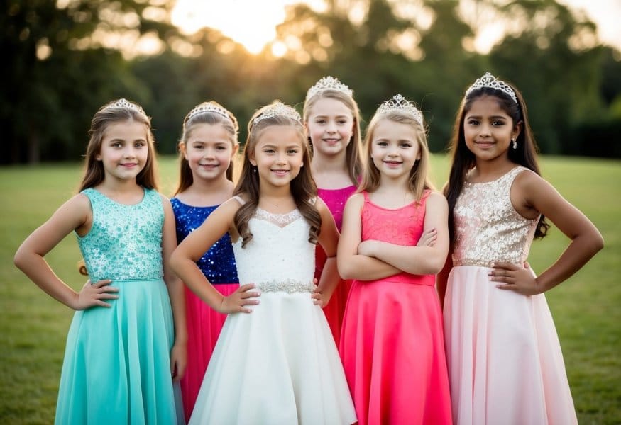 A group of girls in age-specific special occasion wear, posing for a photo with bright smiles and confident stances