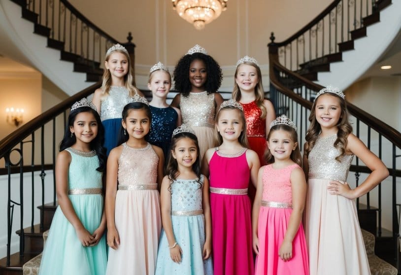 A group of girls in elegant dresses and sparkly accessories, posing for a photo in front of a grand staircase at a special event