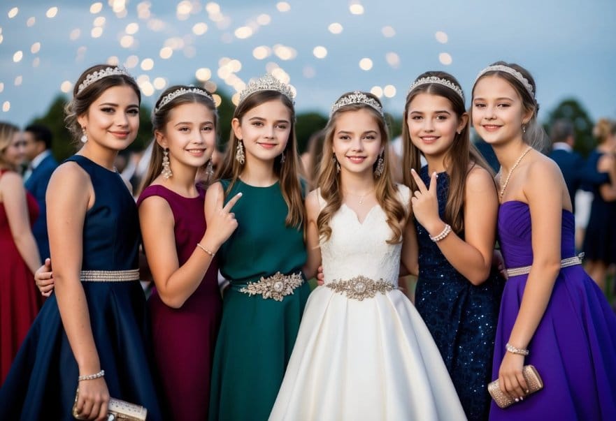 A group of girls in elegant dresses and stylish accessories, posing for photos at a special occasion event