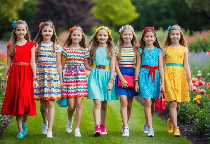 A group of girls in trendy seasonal fashion, wearing colorful dresses and accessories, walking through a blooming garden