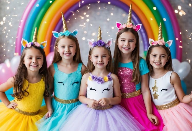 A group of girls wearing colorful unicorn-themed dresses and accessories, surrounded by sparkles and rainbows in a magical birthday party setting