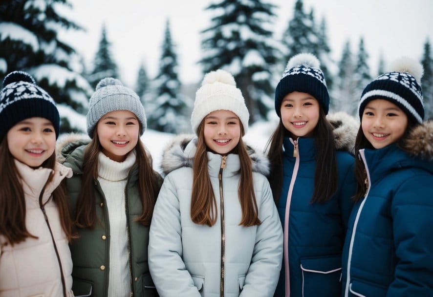 A group of girls wearing stylish outerwear in a winter setting, with snow-covered trees and a cozy atmosphere