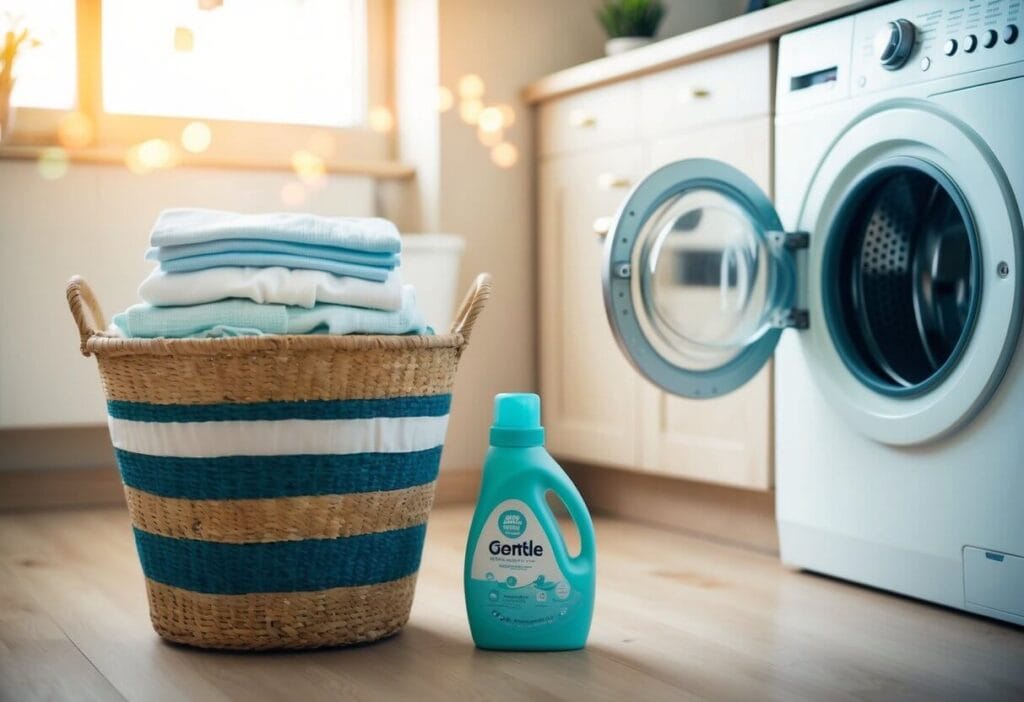 A laundry basket filled with baby clothes, a bottle of gentle detergent, and a washing machine ready to be loaded