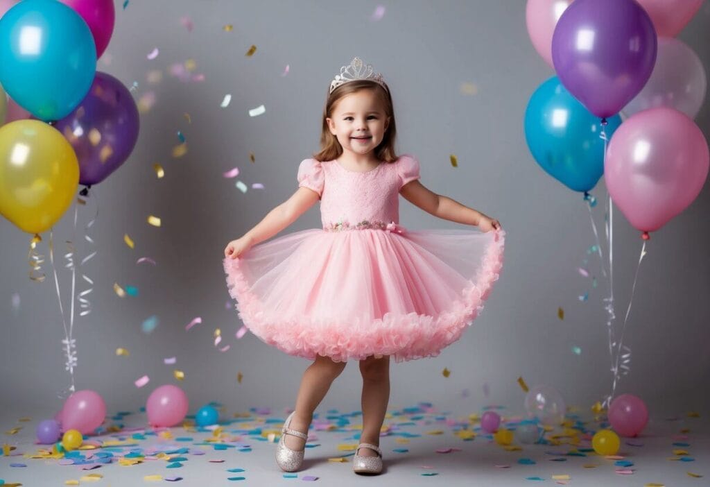 A little girl twirls in a frilly pink dress, surrounded by colorful balloons and confetti. She wears a tiara and sparkly shoes, with a big smile on her face