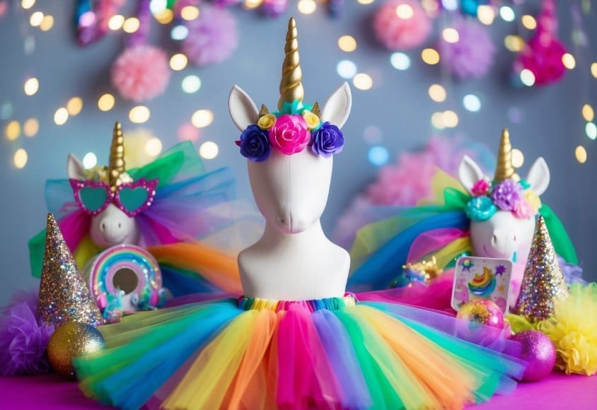 A magical unicorn-themed outfit displayed on a mannequin, surrounded by rainbow-colored tulle, glittery accessories, and whimsical props