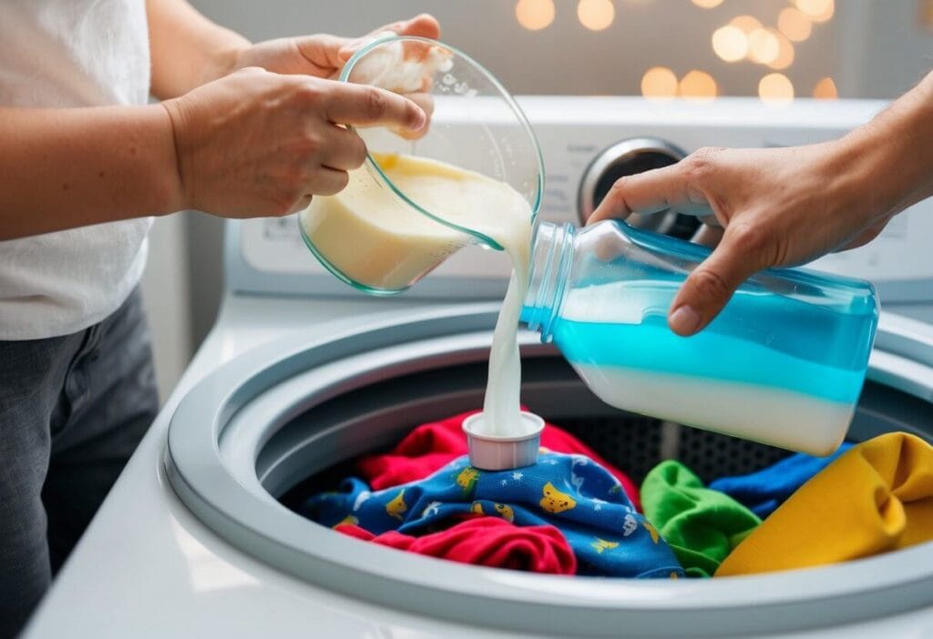 A parent carefully measures and pours detergent into a washing machine filled with children's clothes