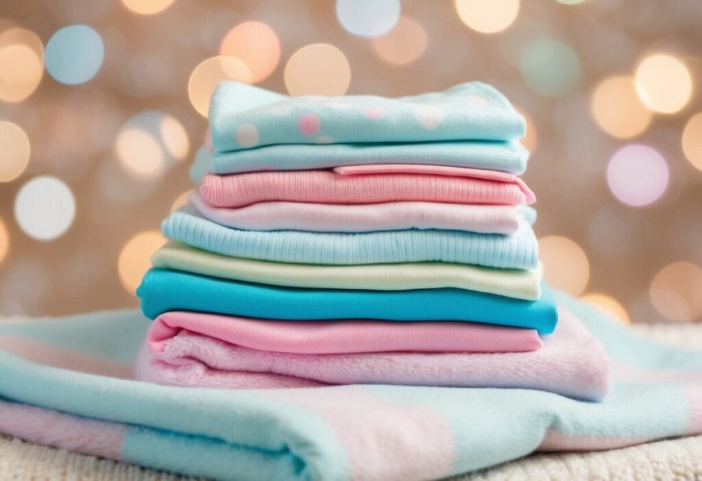 A pile of colorful baby clothing accessories arranged neatly on a soft, pastel-colored blanket