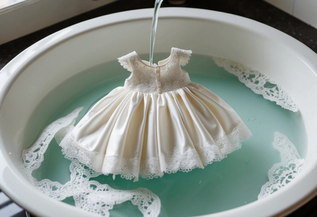 A small flower girl dress being gently submerged in a basin of soapy water, with delicate lace and satin fabric floating in the water