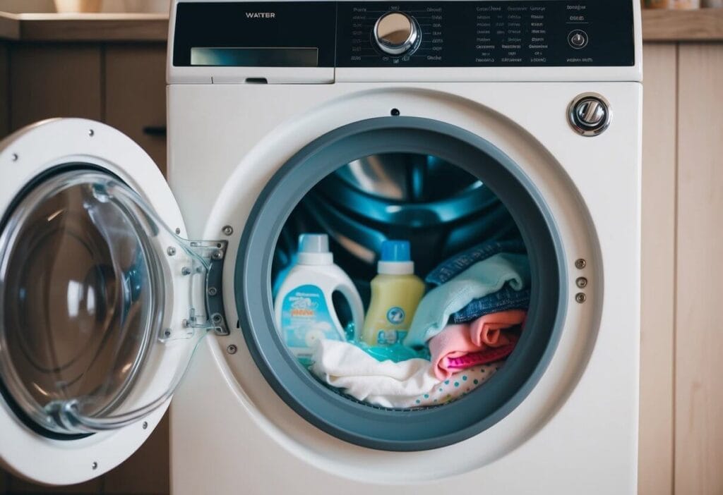 A small washing machine filled with baby clothes, detergent, and water