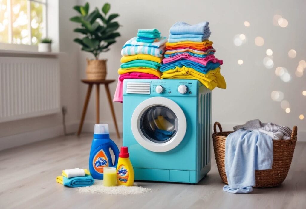 A small washing machine filled with colorful children's clothes, surrounded by laundry detergent, fabric softener, and a basket of clean clothes nearby