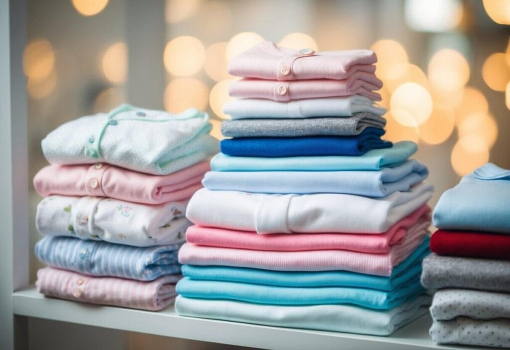 A stack of baby clothing in various sizes, neatly folded and organized on a shelf or table