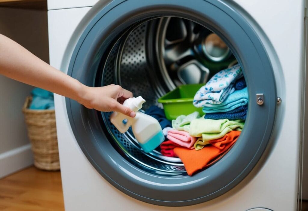 A washing machine filled with children's clothes, detergent, and water. A hand adding fabric softener