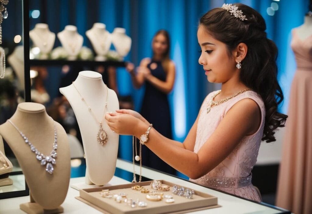 A young girl selecting jewelry and accessories from a display of elegant special occasion wear