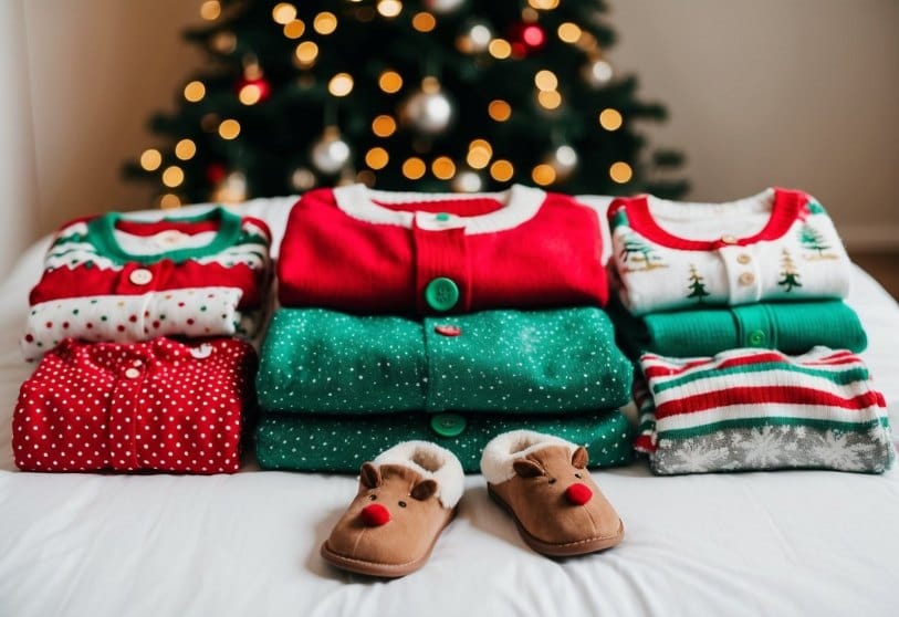 Children's Christmas clothes laid out on a bed, including festive pajamas, cozy sweaters, and sparkly dresses, with a pair of tiny reindeer slippers on the floor