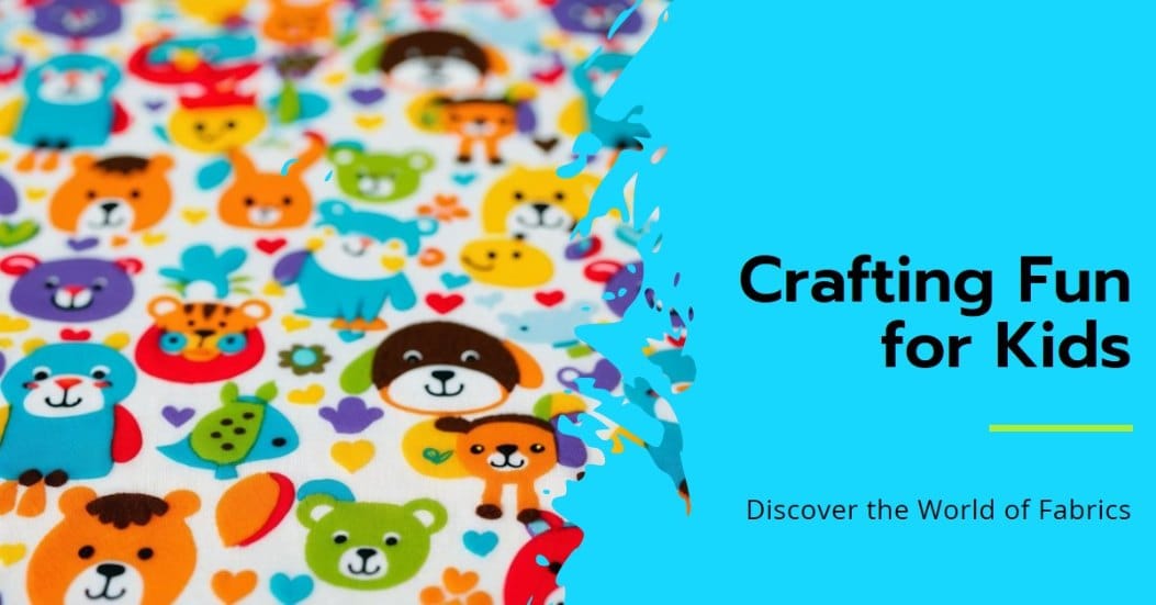 A group of cheerful, colorful animals and playful patterns fill the children's fabric, creating a vibrant and whimsical design perfect for children's clothing or decor