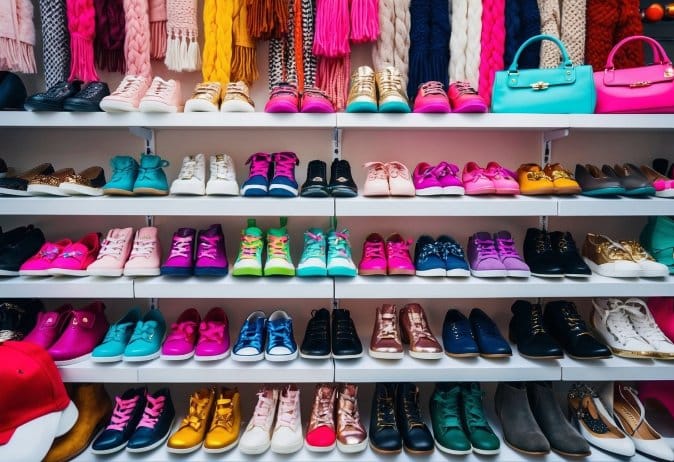 Colorful array of trendy girls' footwear displayed on shelves, surrounded by seasonal fashion items like scarves, hats, and handbags