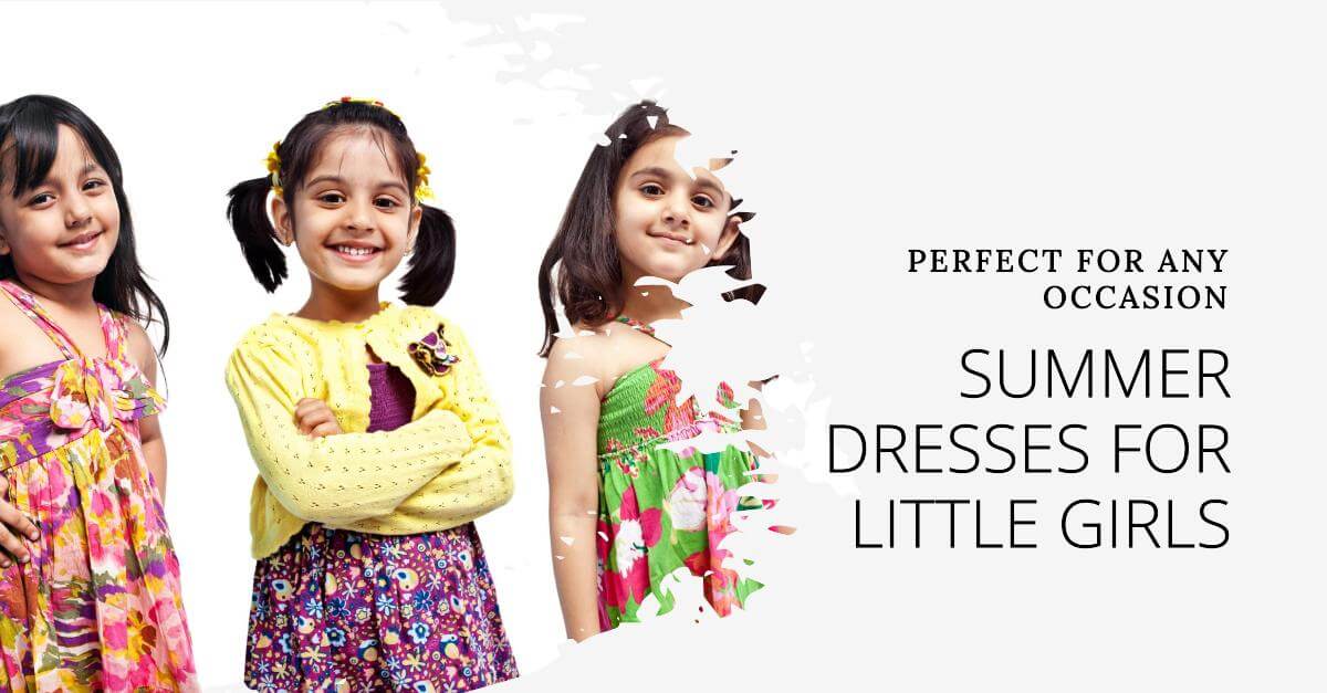 three little girls wearing summer dress, smiling and standing together