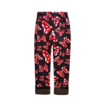 Black winter leggings for girls with all-over red and white bow print and warm fleece turn-up cuffs