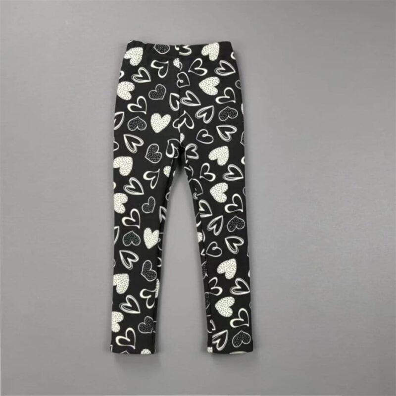 Black doodle heart print leggings for girls with elasticated waist and full length winter design