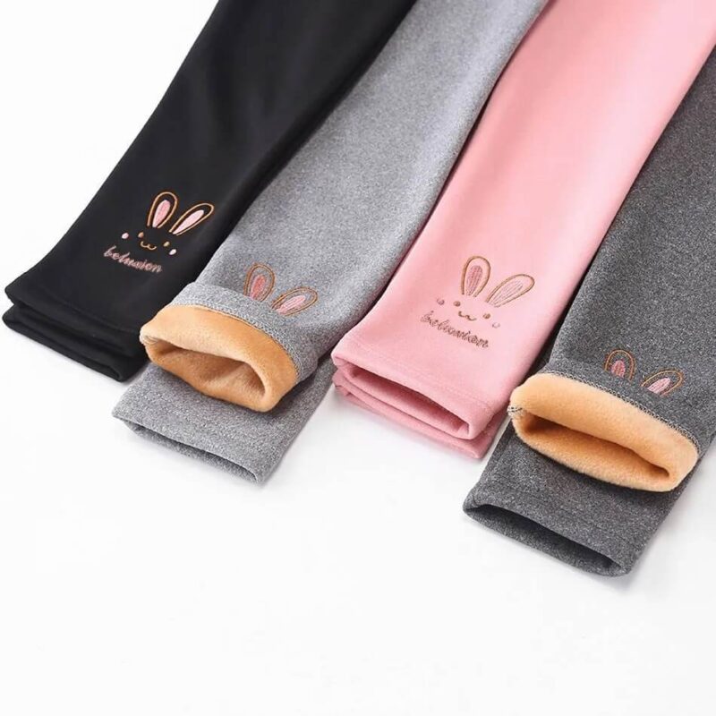 Girls embroidered bunny fleece lined leggings in black, grey and pink showing warm plush lined options