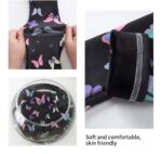Girls butterfly print fleece leggings showing stretchy fabric, soft black lining and stitched finish