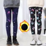 Girls winter fleece leggings shown in navy twilight butterfly and colourful butterfly print designs