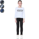 Heart Print Winter Leggings for Kids 1 Girl wearing black heart print winter leggings for kids with colourful heart pattern and warm fleece lining.