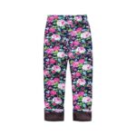 Navy blue rose print winter leggings for girls with pink floral pattern and warm brown fleece lined cuffs.