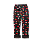 cherry-print-fleece-leggings-for-kids 2 Black cherry print fleece leggings for kids with red cherries, white flowers and warm fleece lined cuffs.
